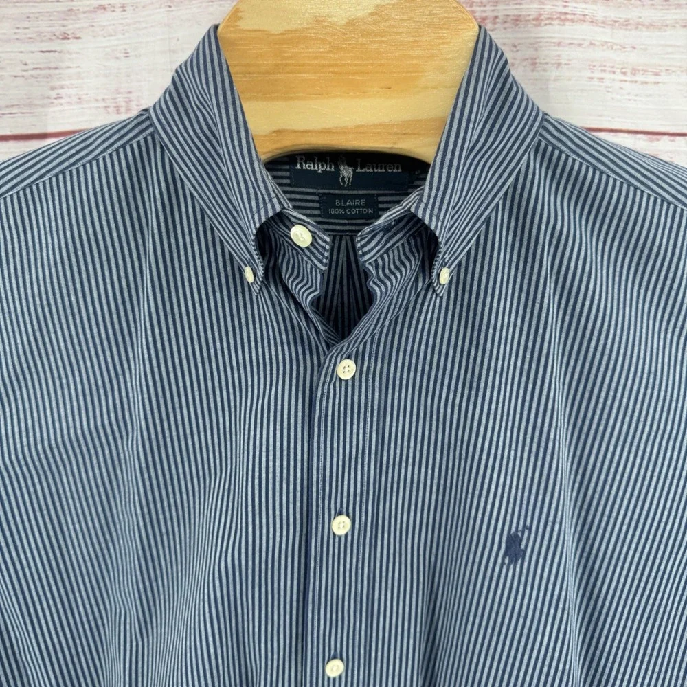 Ralph Lauren Blaire Shirt Mens Medium Navy Blue Striped Short Sleeve Button Down
